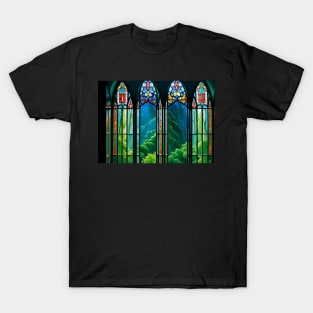 Stained Glass Window Looking Out at Mountains T-Shirt